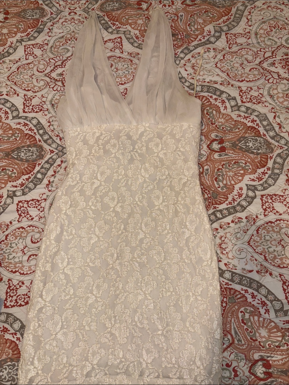 Strapless Ivory Lace Dress with Sheer V-Neck Detail